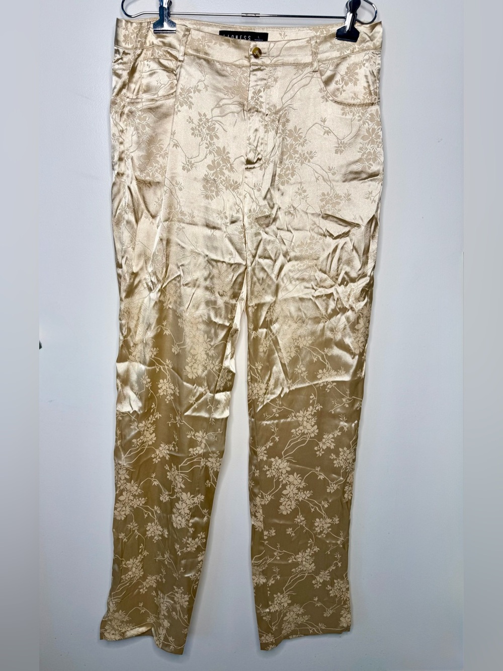 Lioness Champagne Gold Satin Jacquard Floral Straight Leg Asian Inspired Pants